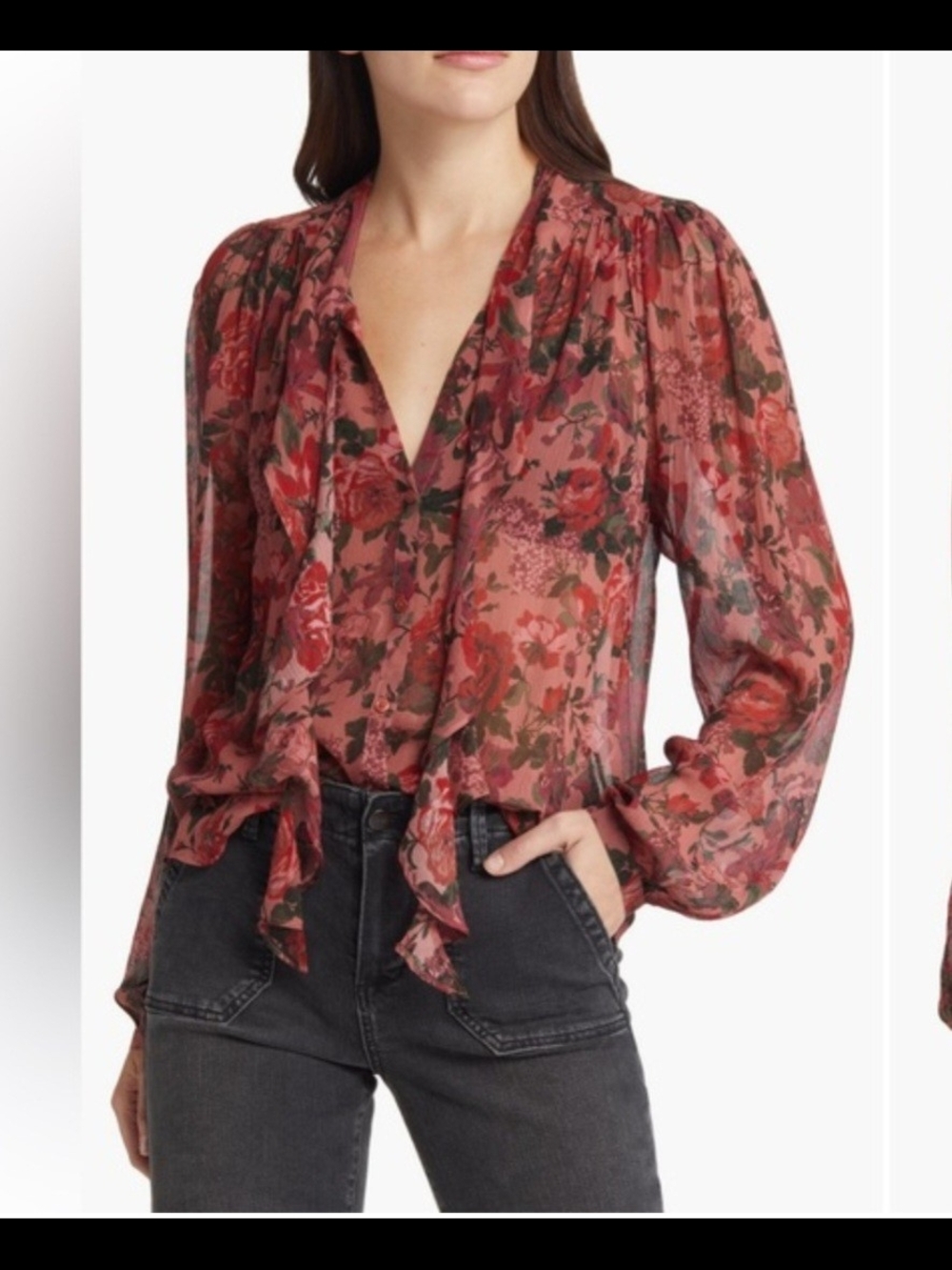 PAIGE Rose Floral Tie-Neck Sheer Blouse